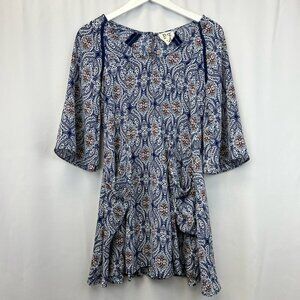 PPLA Womens Tunic Top Blue Paisley 3/4 Sleeve Scoop Neck USA XS Pockets